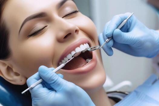 ai-generated-a-woman-with-a-perfect-smile-sits-comfortably-in-a-dental-chair-radiating-confidence-generative-ai-free-photo