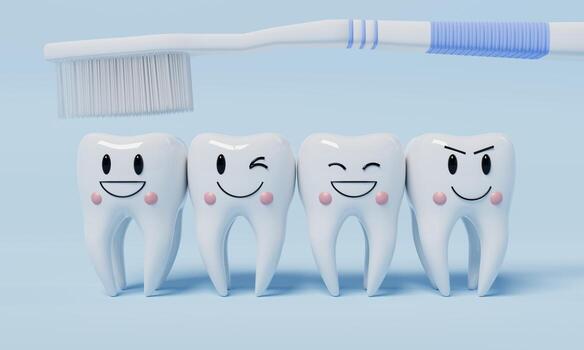 healthy-emotion-teeth-with-toothbrush-on-blue-background-dental-and-health-care-concept-3d-illustration-rendering-photo